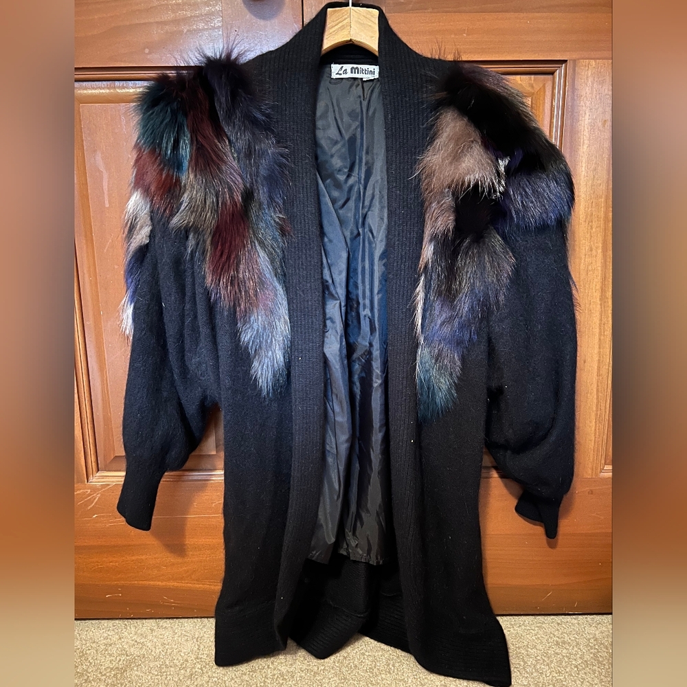 Runs Big - Gorgeous Angora & Nylon Blend Cardigan with Multicolor Fur Accents